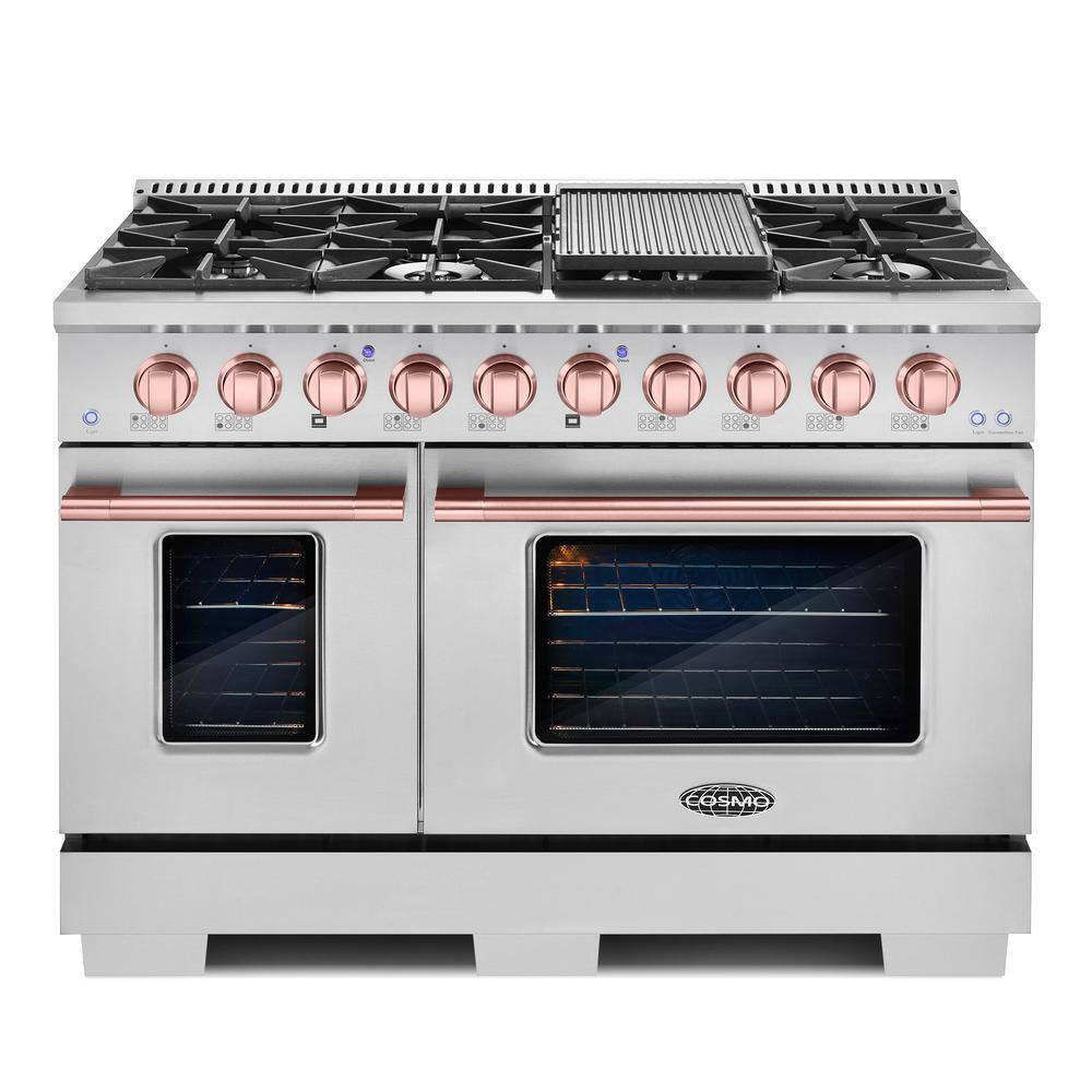 Cosmo 48 in. 5.5 cu. ft. Gas Range with 8 Burners and in Stainless Steel with Rose Gold Custom Handle and Knob Kit COS-2PKG-176