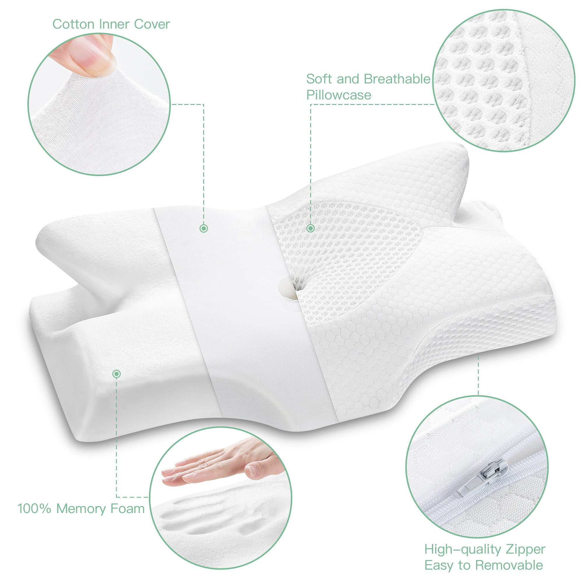 Elviros Cervical Memory Foam Pillow, Contour Pillows for Neck and Shoulder Pain, Ergonomic Orthopedic Sleeping Neck Contoured Support Pillow for Side Sleepers, Back and Stomach Sleepers (White)