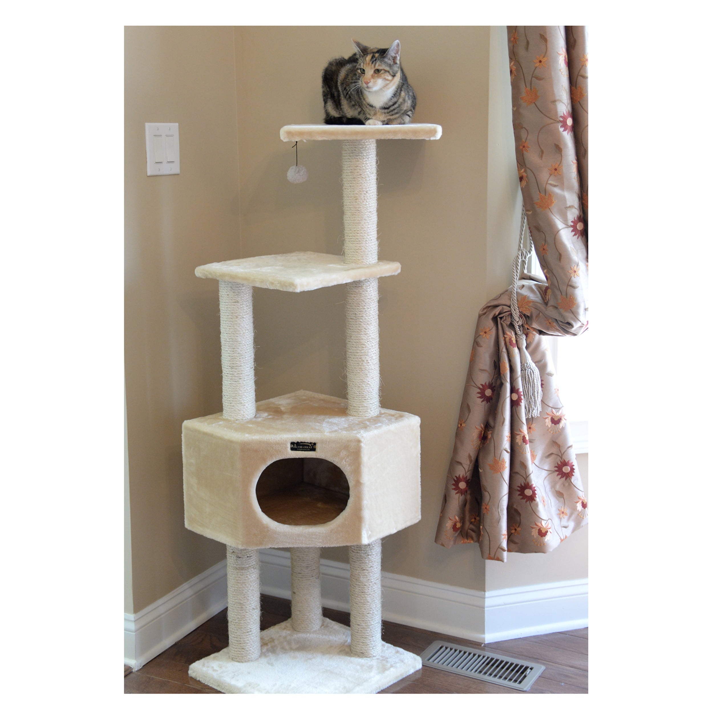 Armarkat 52-in real wood Cat Tree and Condo Scratching Post Tower， Beige