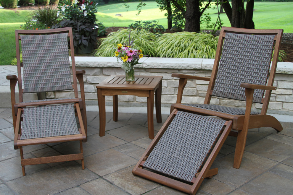 3 Piece Eucalyptus and Wicker Lounger Set With Ottoman and Square Accent Table   Tropical   Outdoor Lounge Sets   by Outdoor Interiors  Houzz