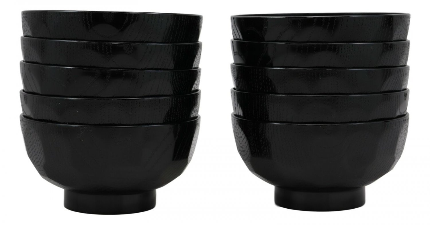 1 Japanese Contemporary 11oz Black Lacquer Ridged Rice Miso Soup Bowls Set of 10 EBR02