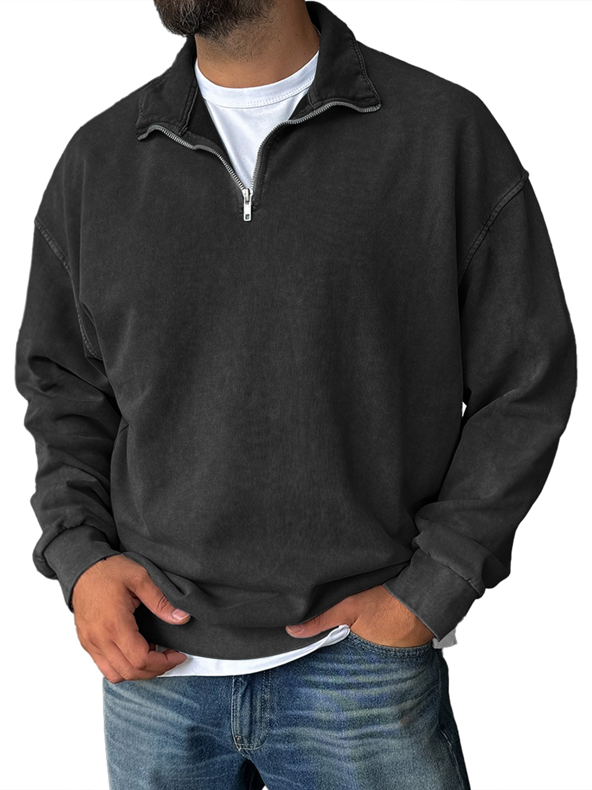 Men's Fashionable Retro Half-zip Stand Collar Casual Sweatshirt