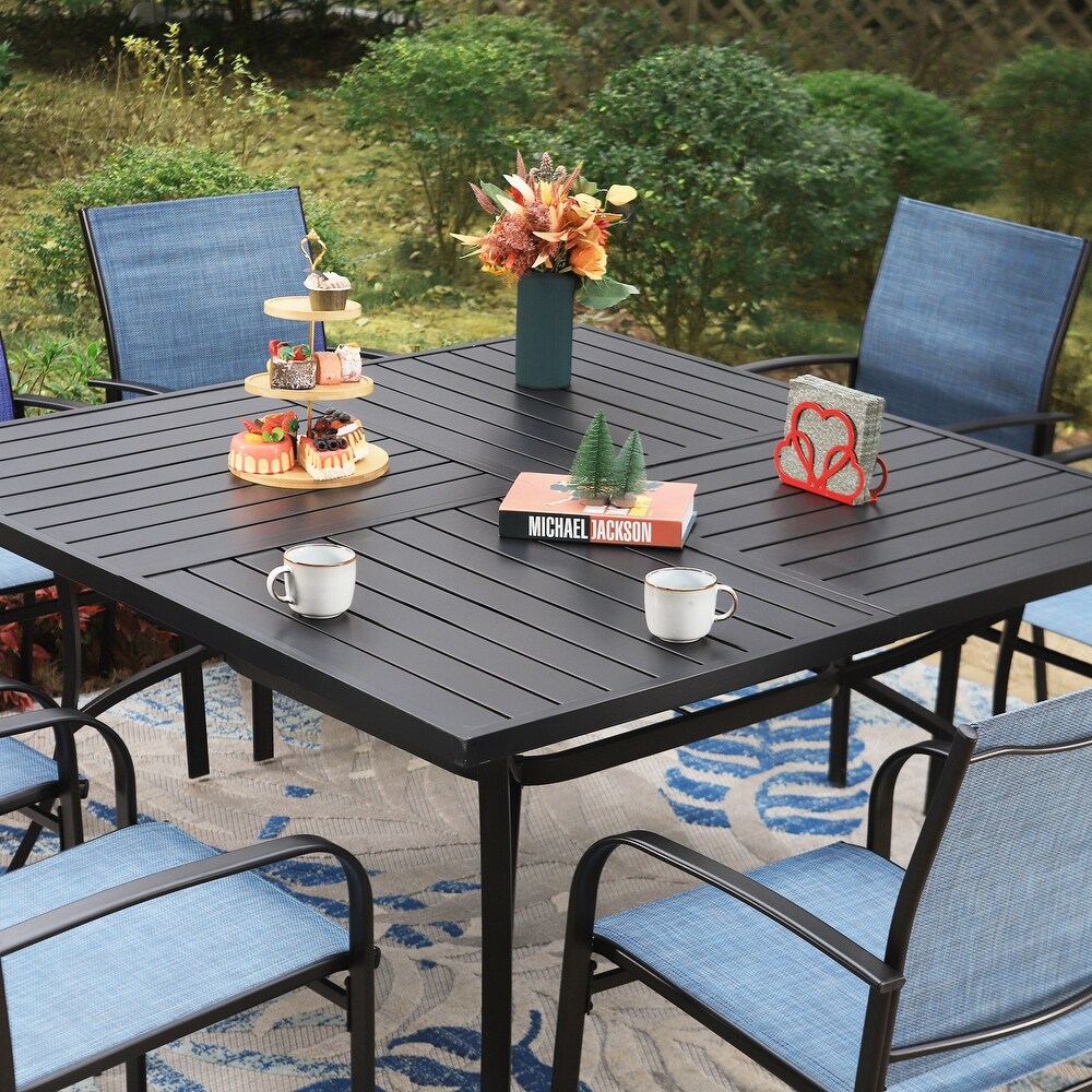 9 Piece Patio Dining Set  60 Inch Square Metal Table and 8 Textilene Dining Chairs