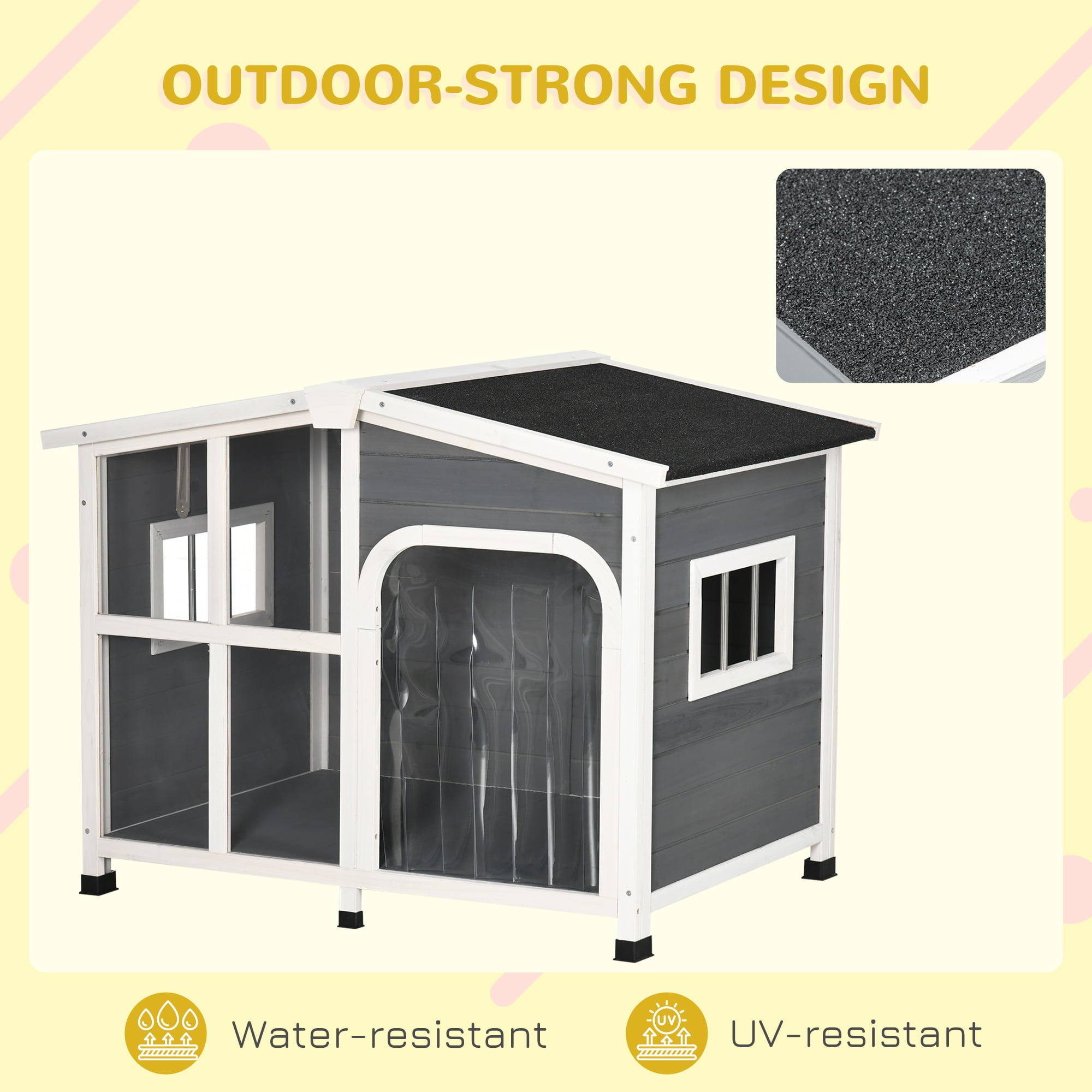 PawHut Cabin-Style Wooden Dog House for Large Dogs Outside with Openable Roof and Giant Window， Big Dog House Outdoor and Indoor， Asphalt Roof， Gray