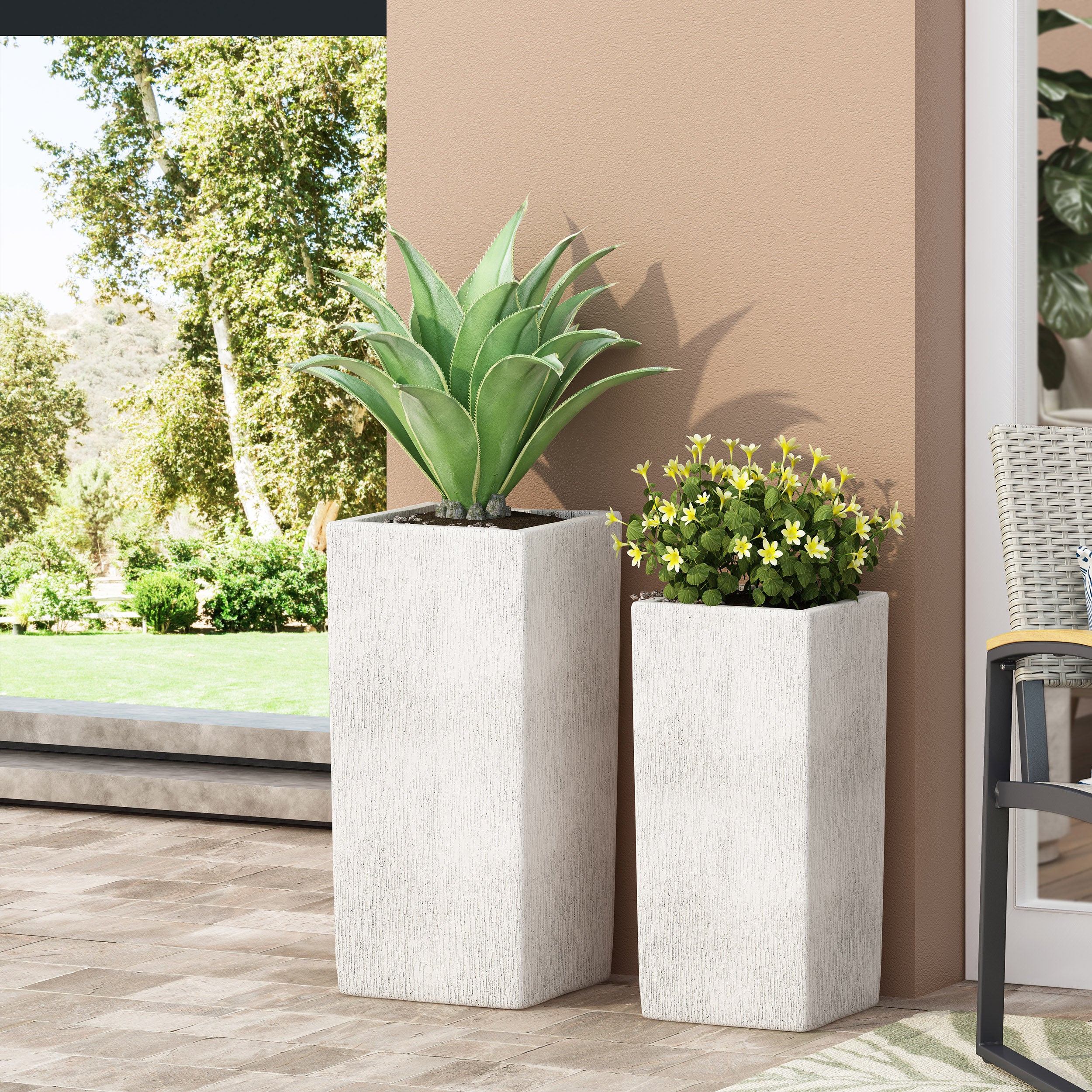 Severino Outdoor Medium and Large Cast Stone Planter Set, Antique White