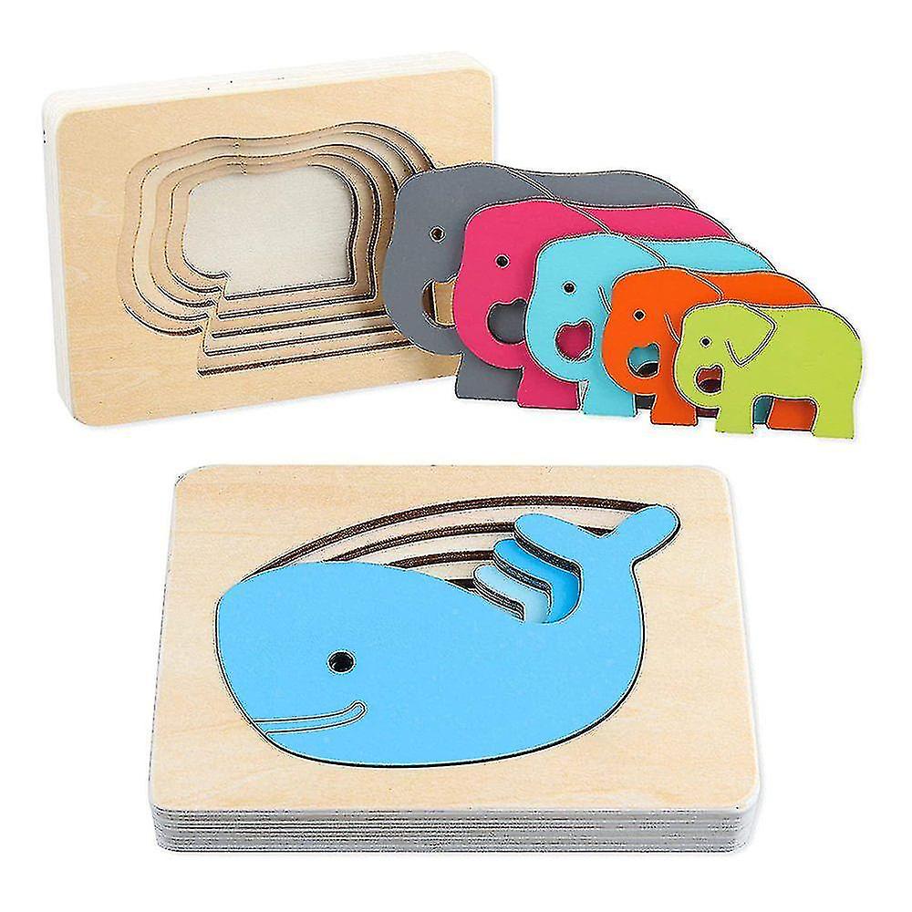 Children's Toys Baby Toys， Wooden Card Elephant + Whale， 5 Layers Cards