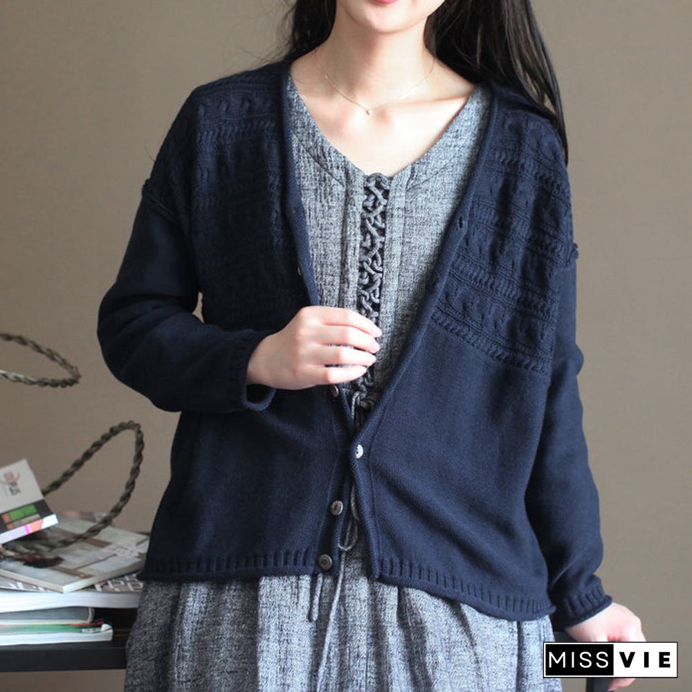 autumn v neck vintage cotton knit cardigans plus size casual navy sweater tops