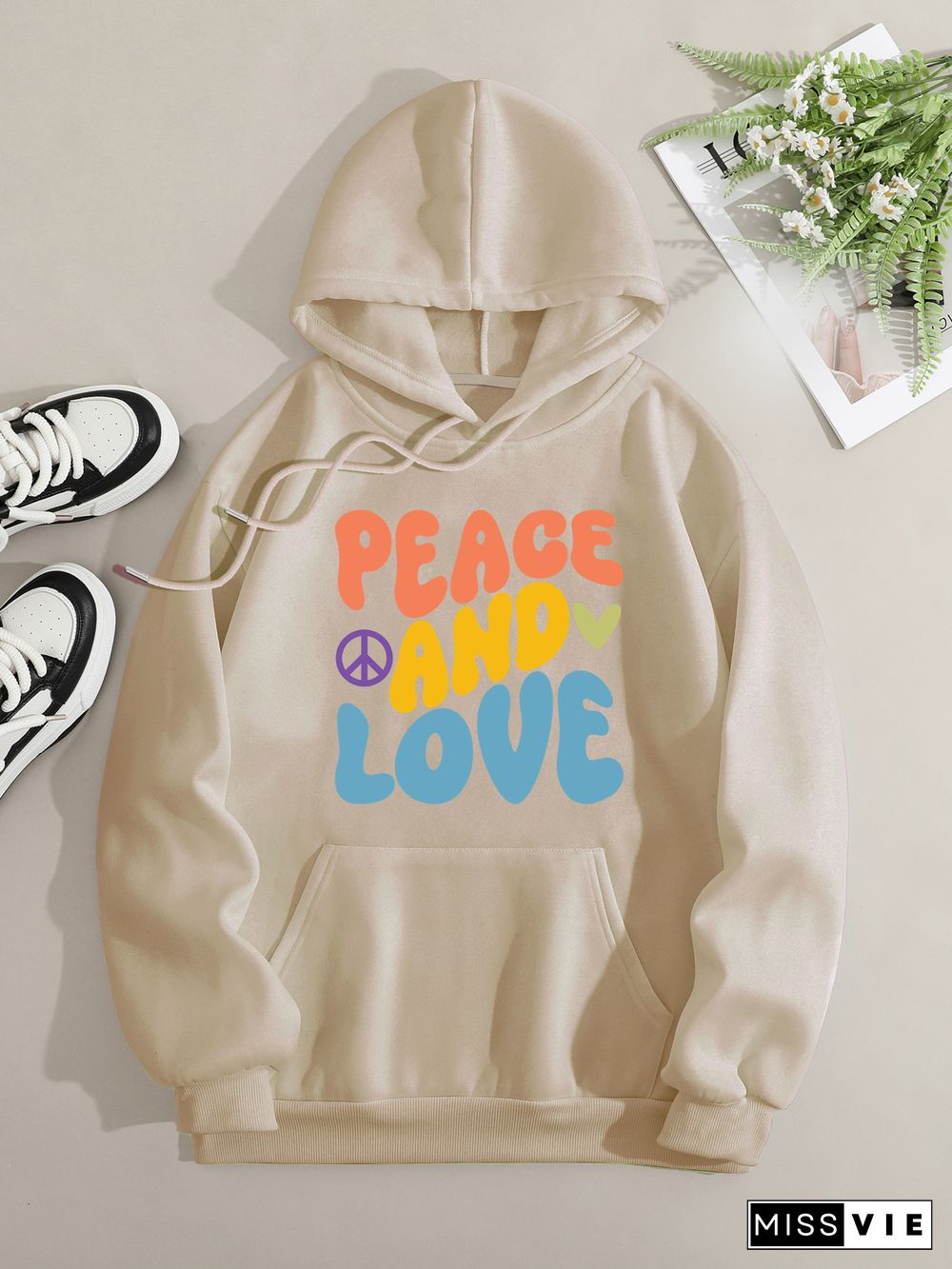 Printed on front Kangaroo Pocket Hoodie Long Sleeve for Women Pattern peace and love