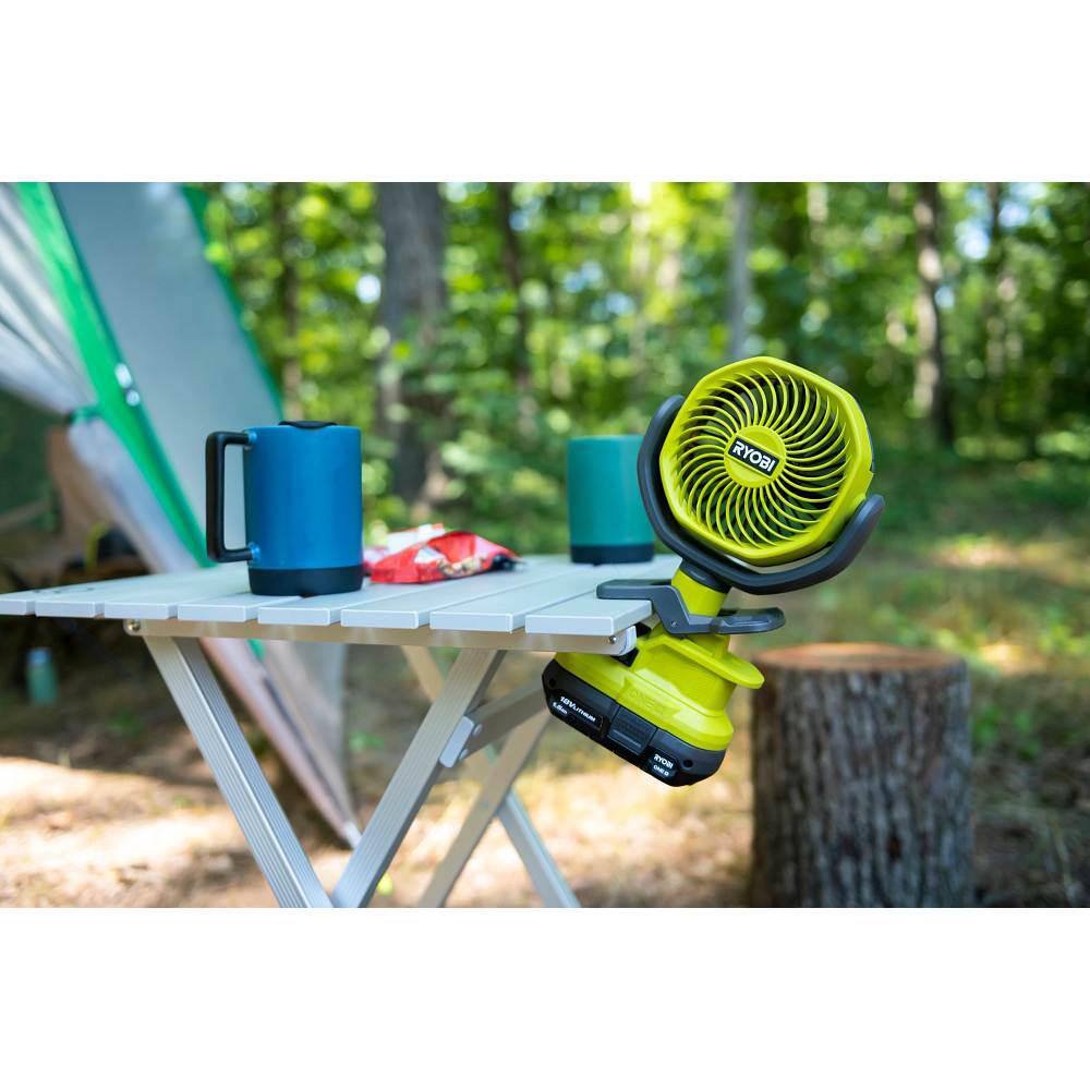 RYOBI ONE+ 18V Cordless 3-Tool Campers Kit with Area Light Bluetooth Speaker 4 in. Clamp Fan 1.5 Ah Battery and Charger PCL1303K1N