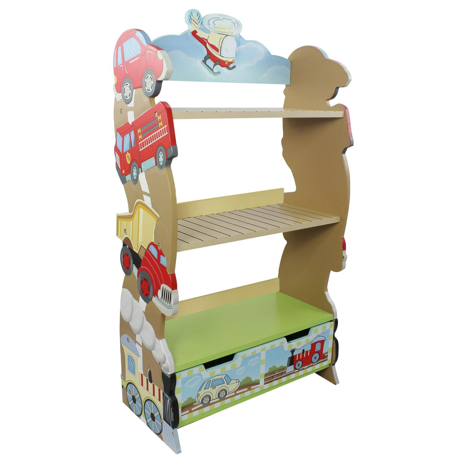 Fantasy Fields Transportation Kids Wooden Bookshelf with Storage Drawer， Multicolor