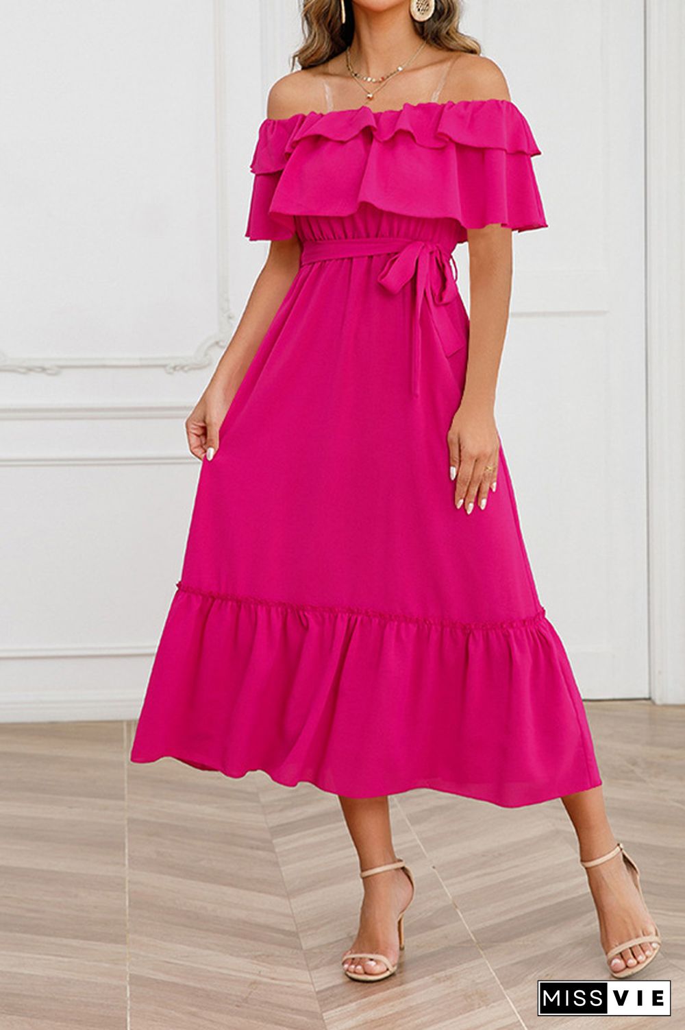 Plain Off Shoulder Ruffles Maxi Dress With Sash