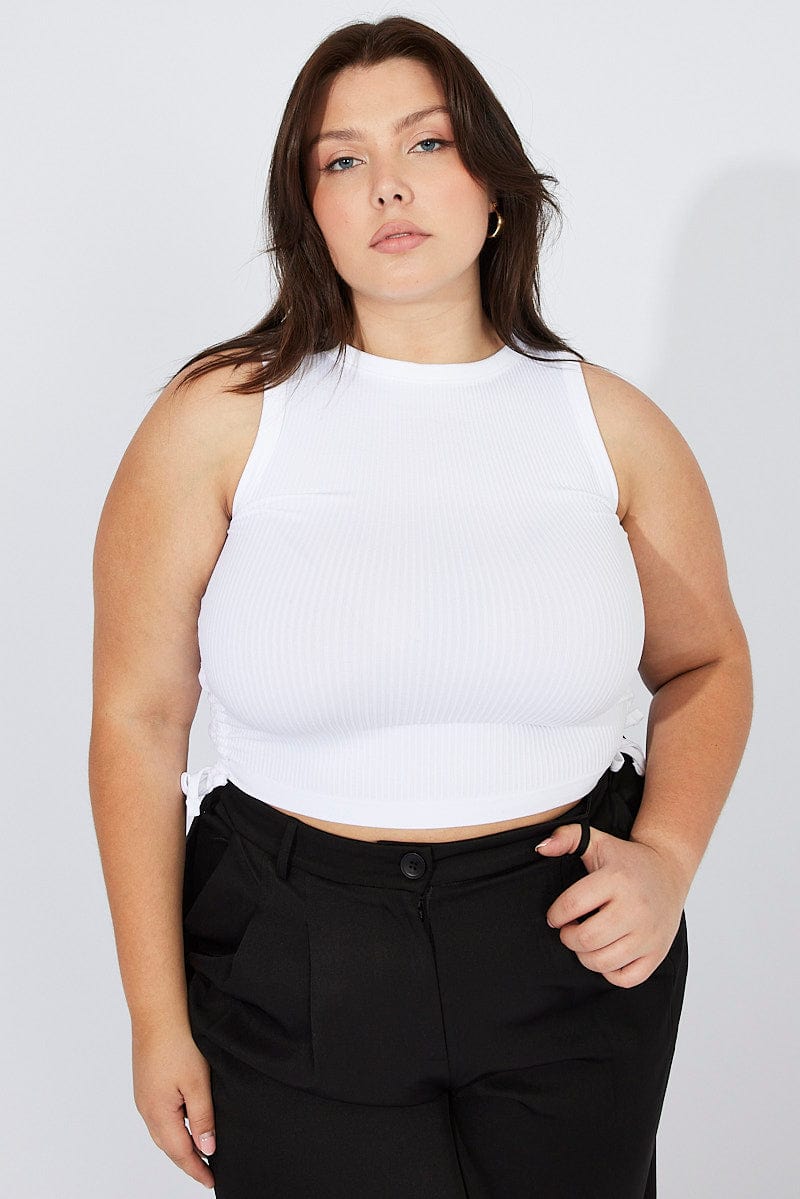 White Tank Top Crew Neck Seamless Side Ruched
