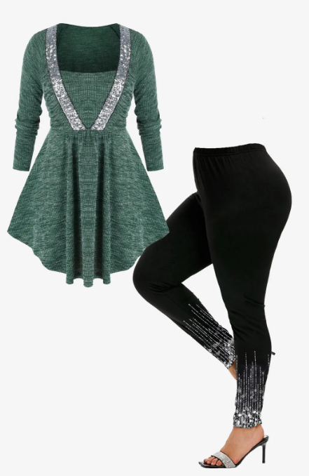 Ribbed Knit Sequined Square Neck Sweater and Sparkle Print Leggings Plus Size Outerwear Outfit