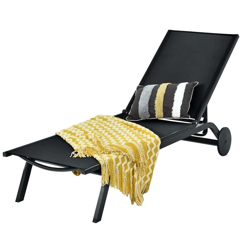 Aluminum Patio Chaise Lounge Chair with Wheels, 6-Position Fabric Outdoor Sun Lounger for Pool Beach Deck Yard