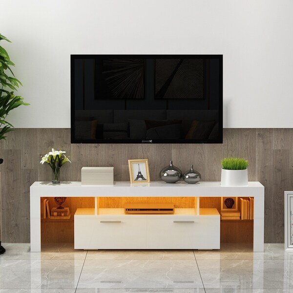 61 inandUp Morden High Glossy RGB LED TV Stand with 2 Drawerand2 Glass Shelf TV Cabinet Entertainment Center