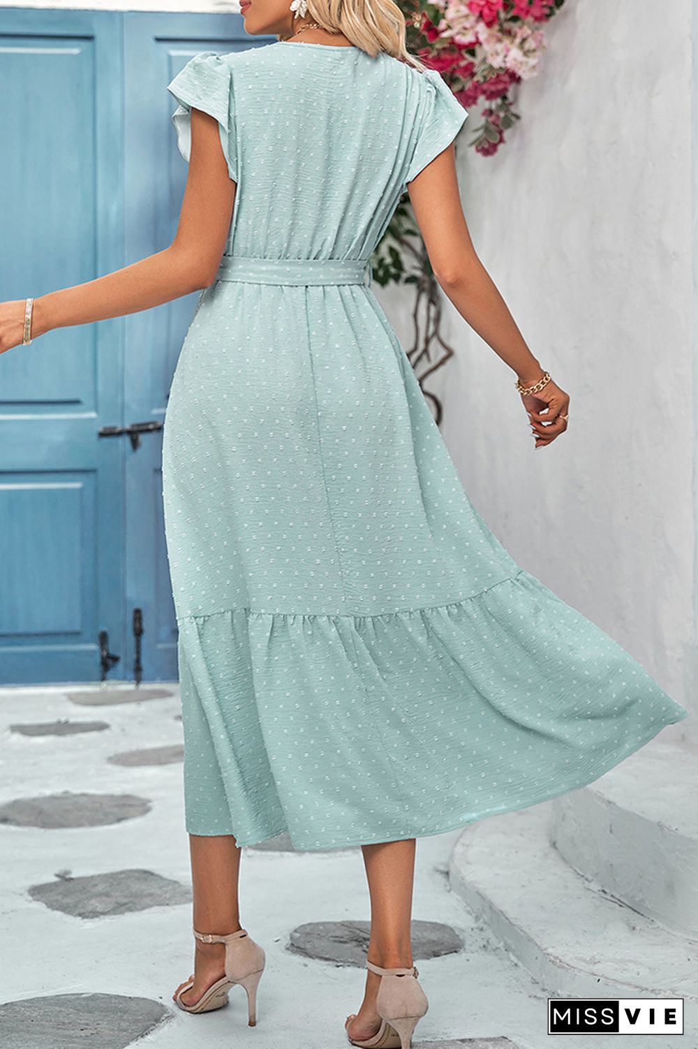 Texture Spot Wrap V Neck Lace Edge Maxi Dress