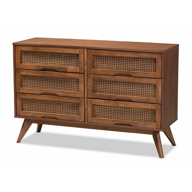 Barrett Wood And Synthetic Rattan 6 Drawer Dresser Walnut Brown Baxton Studio