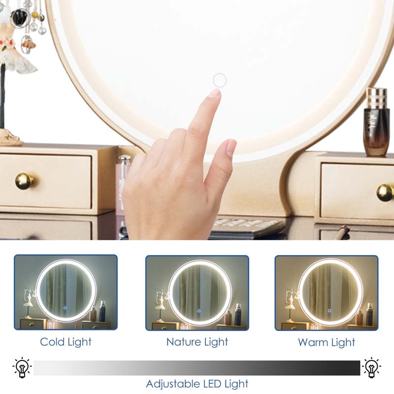 Modern Makeup Vanity Set with Touch Screen Dimming Mirror and 3 Color LED Lighting Modes, Jewelry Divider Dressing Table