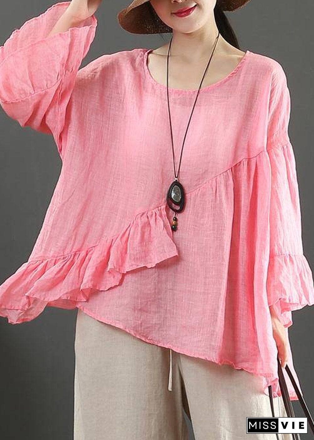 Art pink linen tops o neck Ruffles silhouette summer blouses