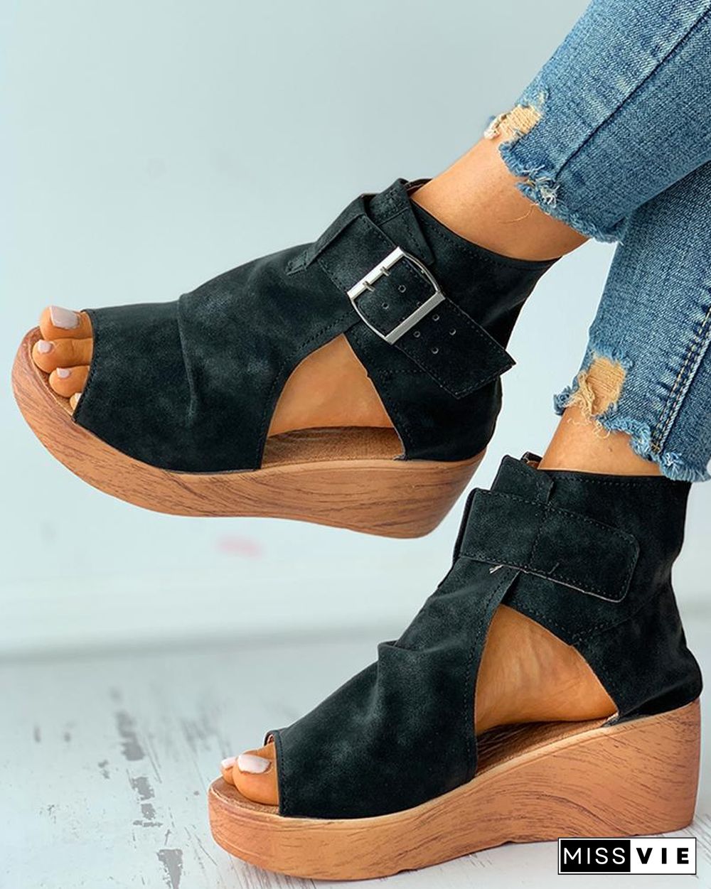 Eyelet Buckled Cutout Wedge Sandals