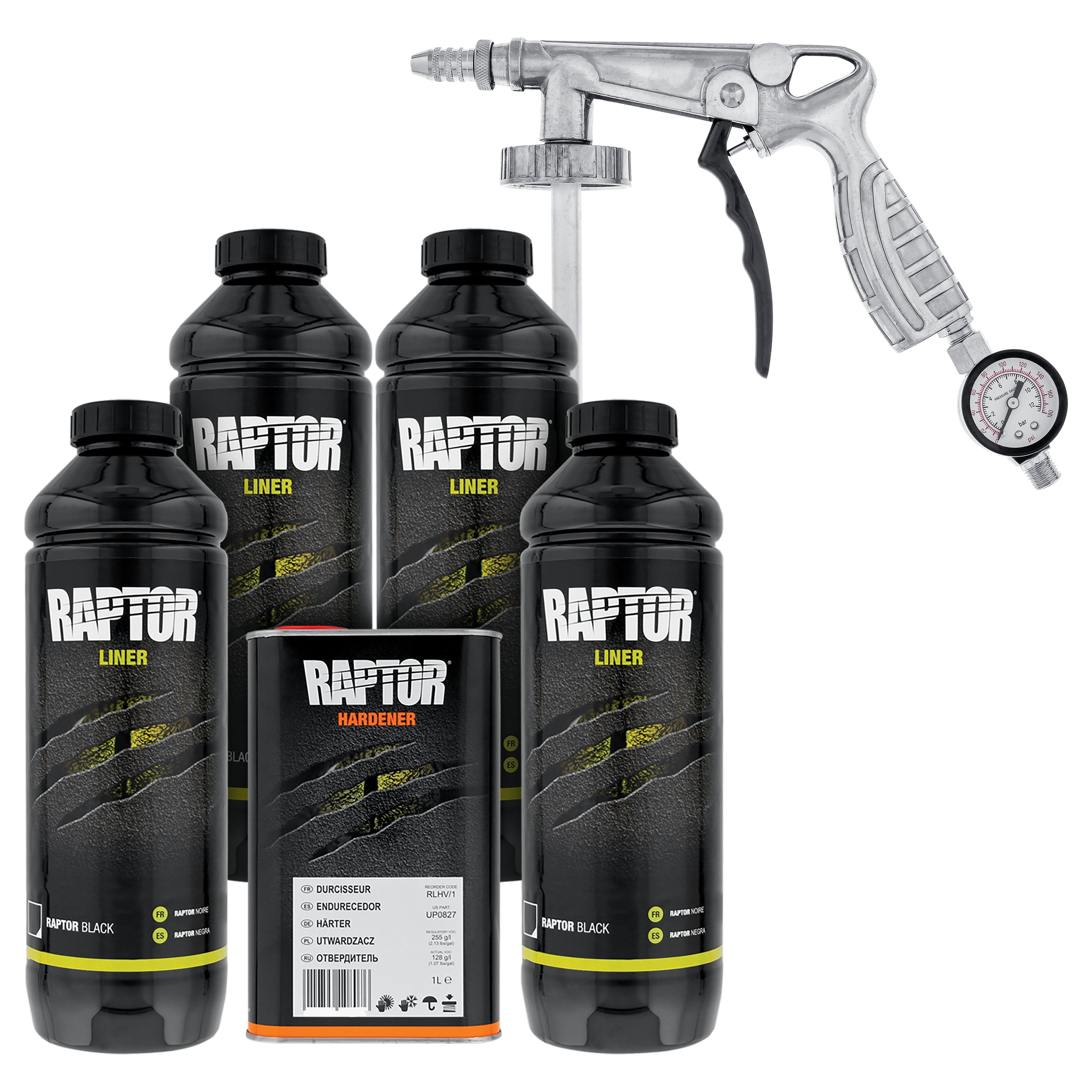 U-Pol Raptor Black Urethane Spray-On Truck Bed Liner 4 Quart Kit and Custom Coat Spray Gun with Regulator