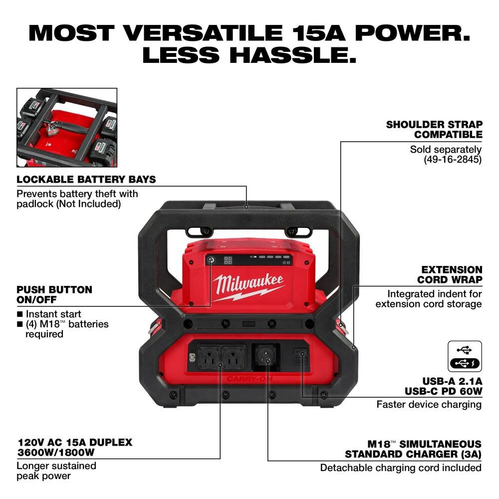 Milwaukee M18 CARRY ON 3600with 1800W Power Supply Shoulder Strap & HIGH OUTPUT HD 12.0Ah Battery 4pk Bundle 2845-20-1812 from Milwaukee