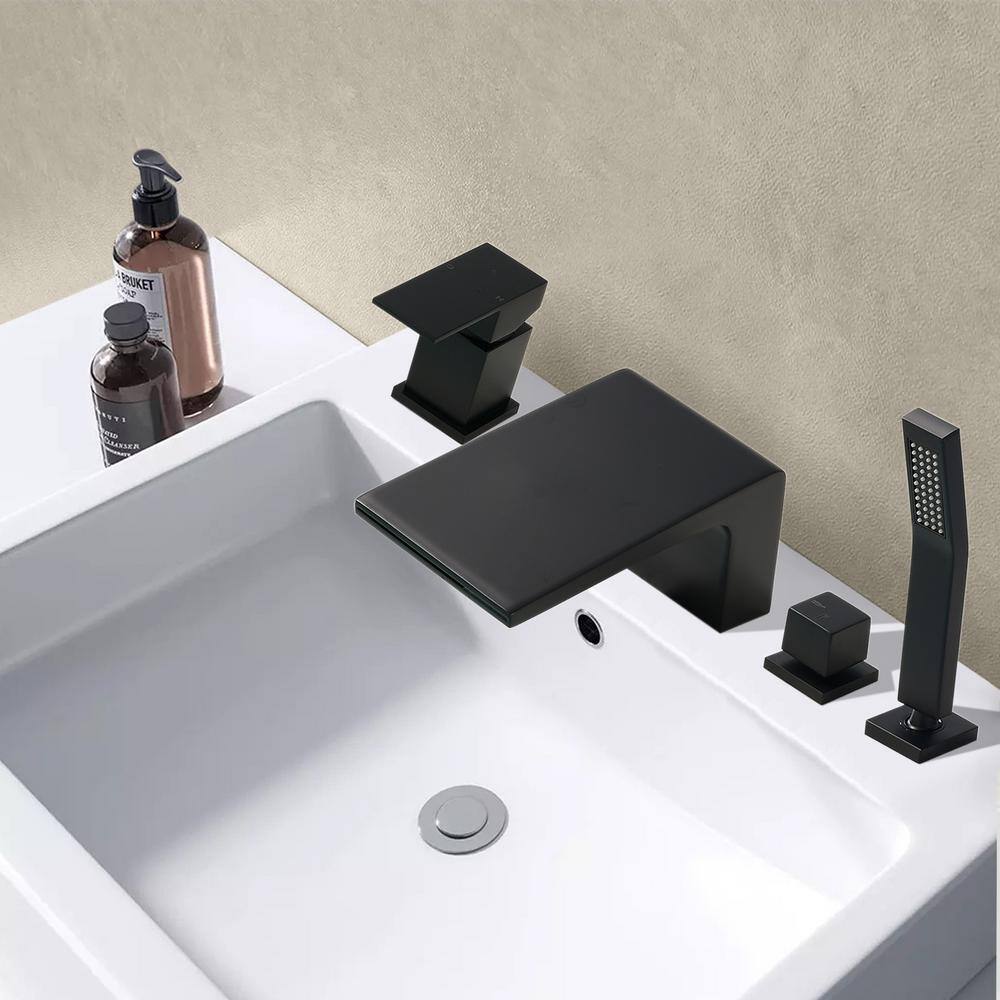 Satico Single-Handle Deck-Mount Roman Tub Faucet with Hand Shower in Matte Black SY002GT45