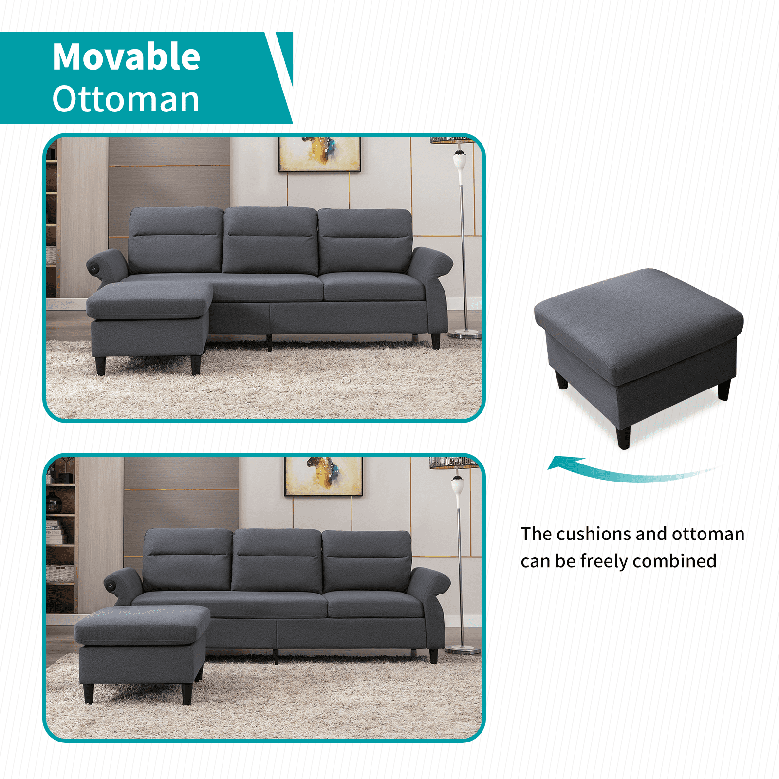 BALUS Convertible Sectional Sofa Couch with 2 USB Ports and Adjustable Armrest, 86