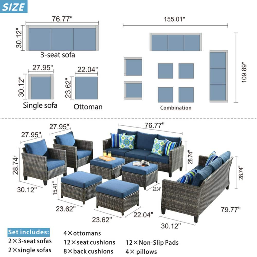 OVIOS New Vultros Gray 8-Piece Wicker Outdoor Patio Conversation Seating Set with Blue Cushions GRS3024