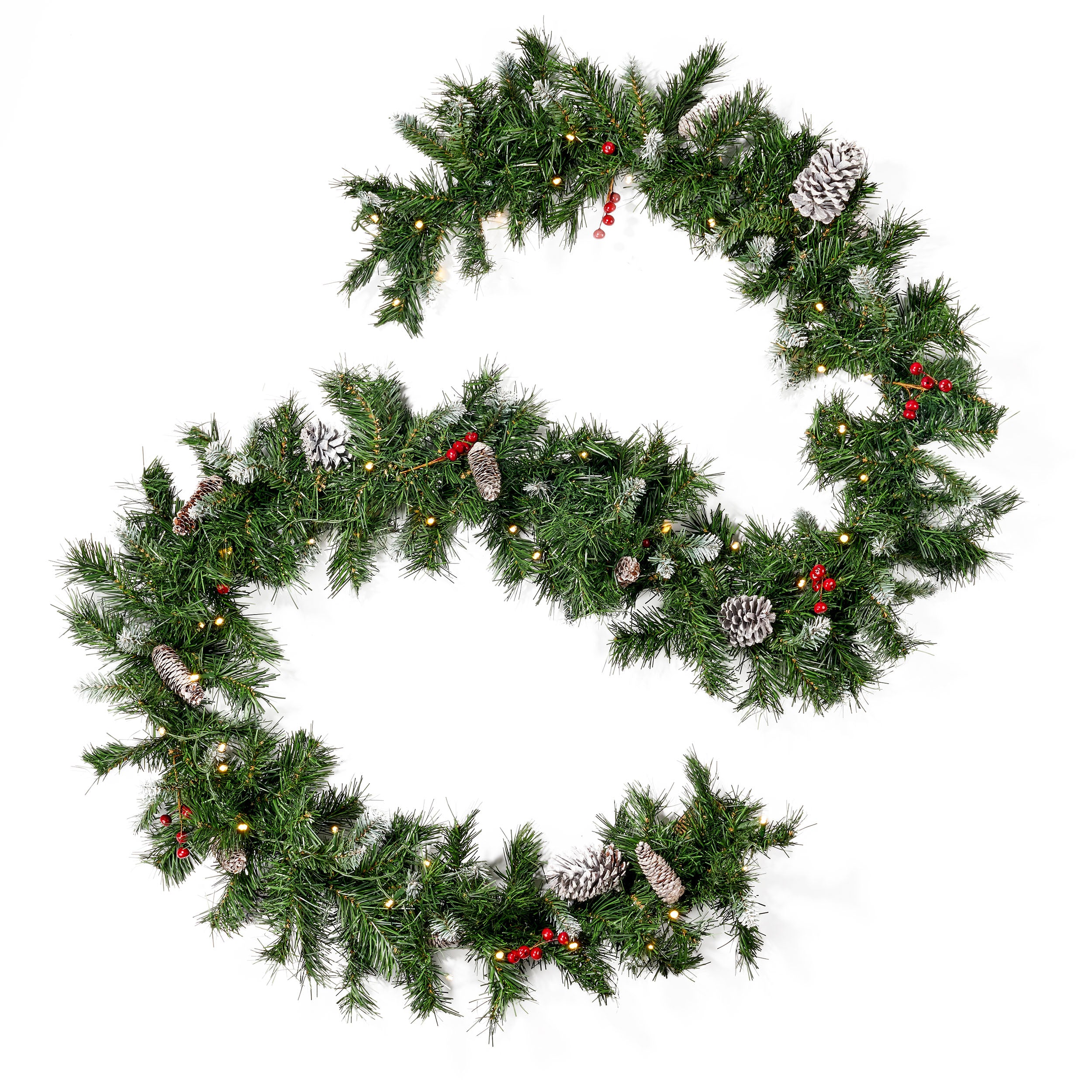 9-foot Mixed Spruce Pre-Lit Warm White LED Artificial Christmas Garland with Frosted Branches, Red Berries and Pinecones