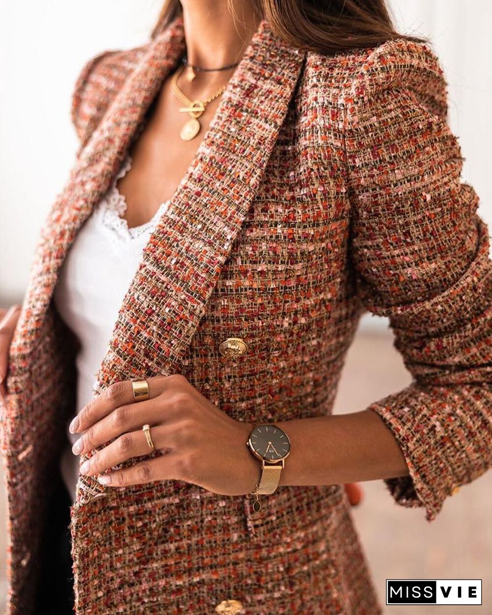 Spring Autumn Women Officewear Ol Turn-Down Collar Tweed Colorblock Button Design Blazer Coat Casual Chic