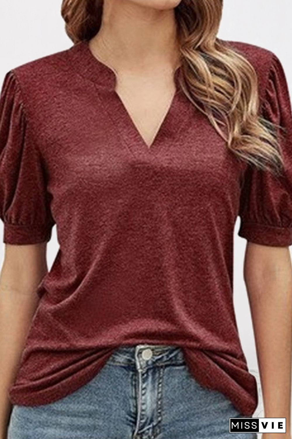 Casual Solid Split Joint V Neck T-Shirts