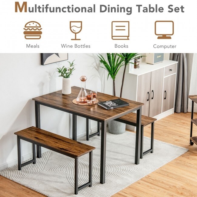 3 Pieces Modern Dining Table Bench Set with Wooden Tabletop and Metal Frame