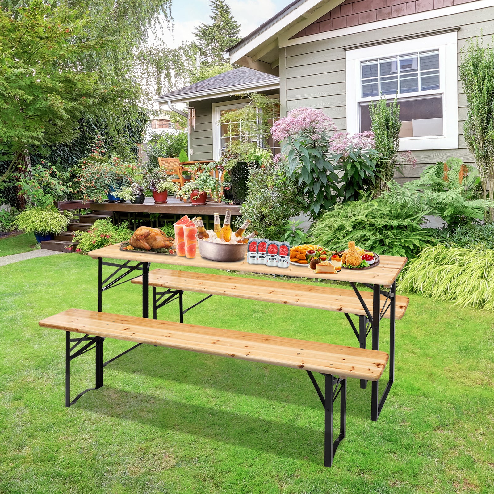 GZXS Foldable Picnic Table with Benches， 3-Piece 70” Portable Beer Garden Table with Sturdy Steel Frame， Folding Wooden Picnic Tables for Outdoors， Patio， Backyard