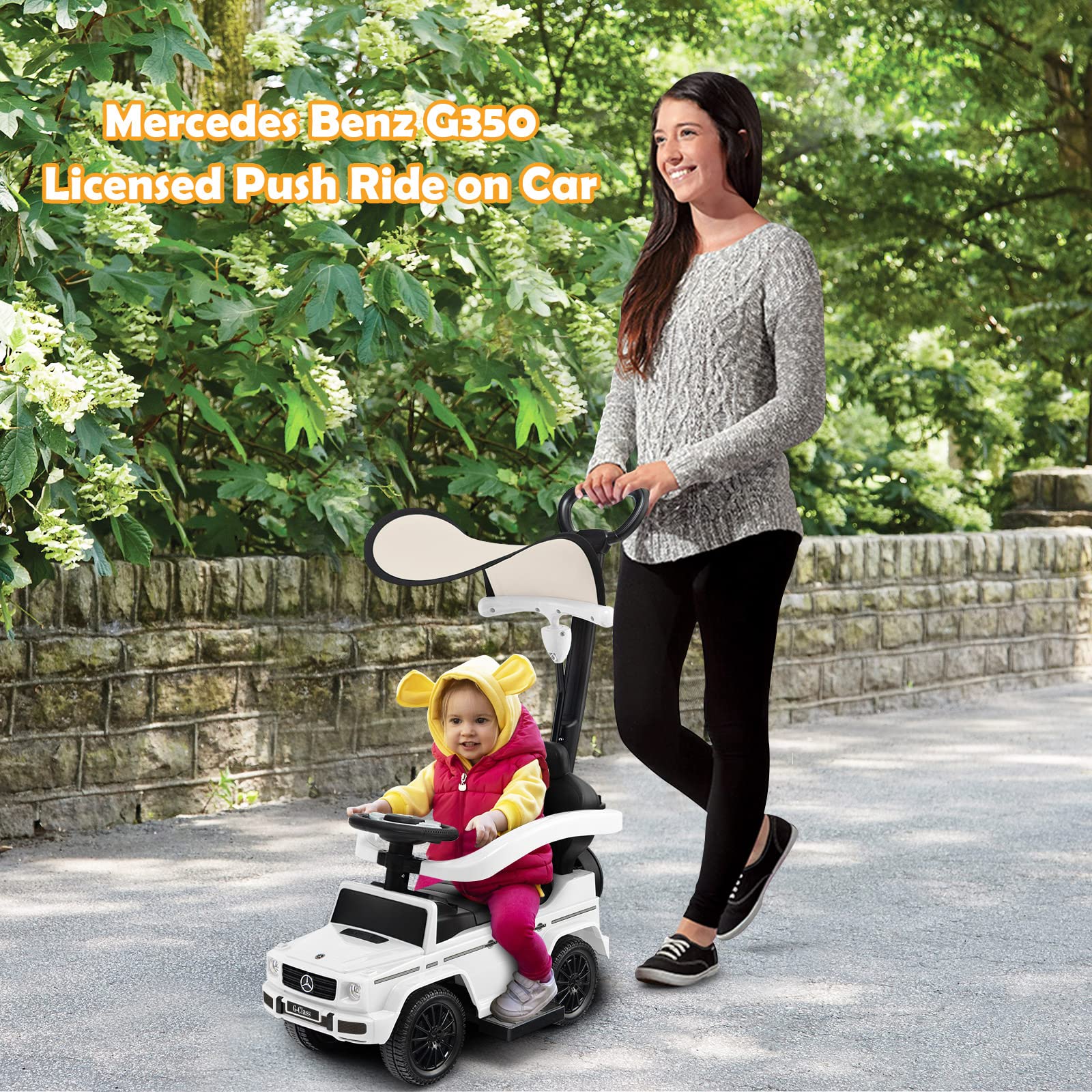 Costzon Push Car for Toddlers, 3 in 1 Mercedes Benz Stroller Sliding Walking Car w/ Canopy