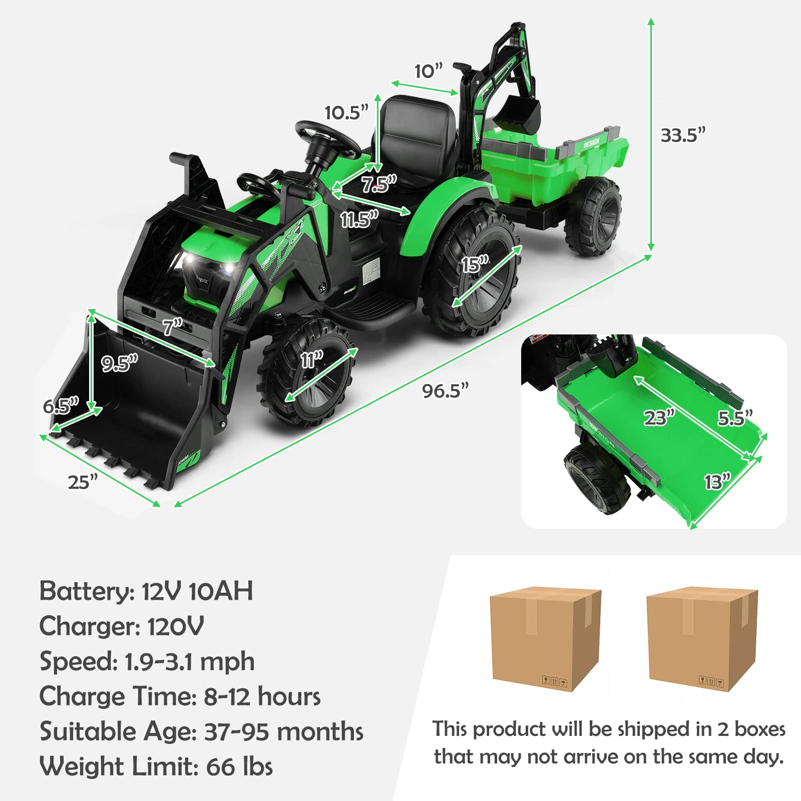 Costzon 3 in 1 Ride on Tractor, Excavator & Bulldozer, 12V Battery Powered Electric Vehicle w/ Trailer