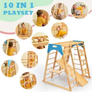 TIRAMISUBEST 8-in-1 Natural Indoor Kids Playset with Slide Climber Monkey Bars and Swing WFXY297448AAK