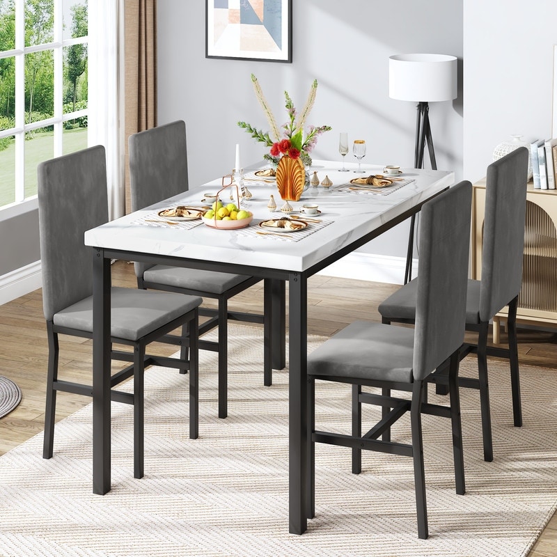 Grondin Modern Style Faux Marble Top 5 Piece Casual Dining Set with 4 Velvet Upholstered Dining Chairs