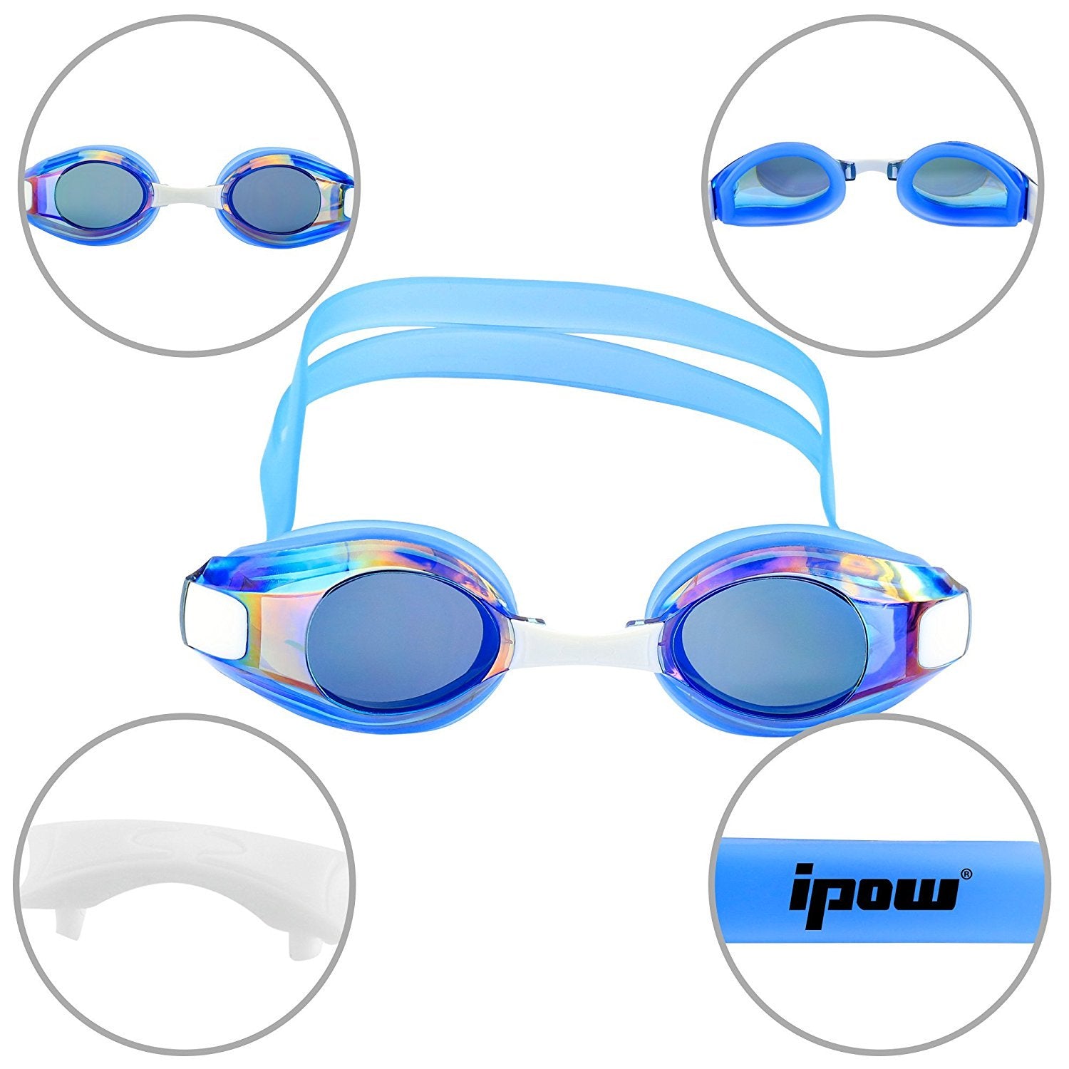 Swimming Goggles + Cap, IPOW Anti-Fog Swim Goggles Glasses Silicone Waterproof Swimming Cap Hat Goggle and Swim Cap for Adults Women Long Hair Men Kids Girls Boys Youths Swimmers, Blue