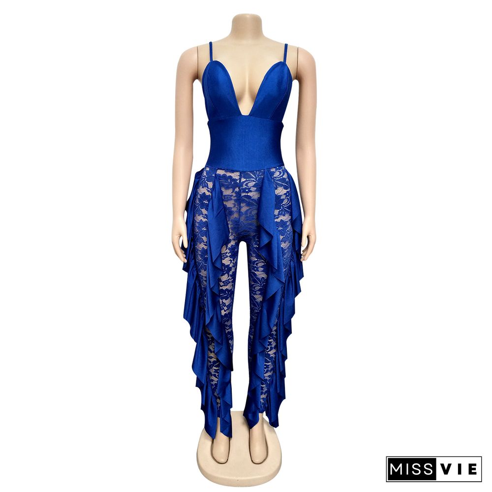 Sexy Low-cut Lace Patchwork Straps Tight Jumpsuit