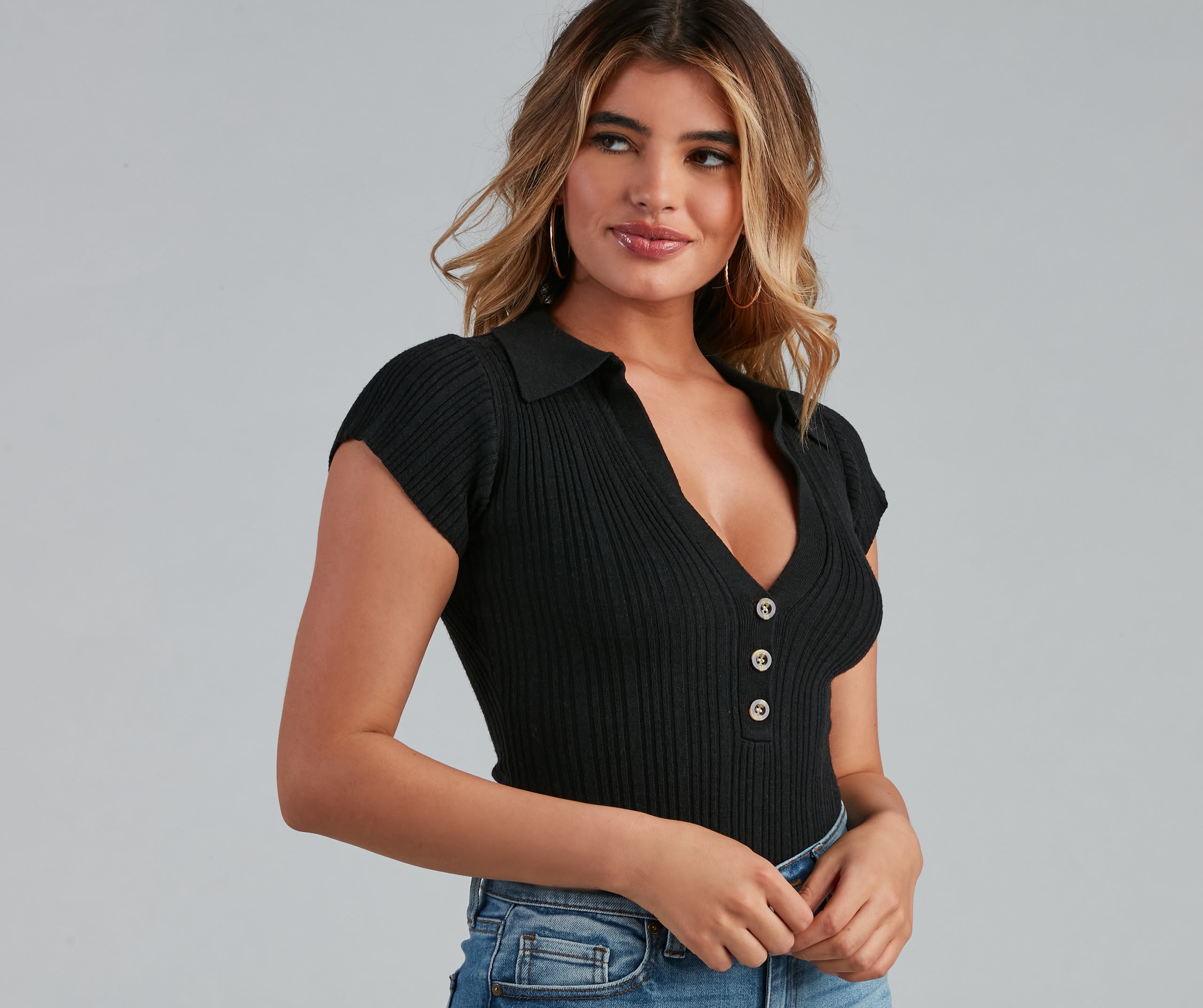 Cute Casual Collared Knit Bodysuit