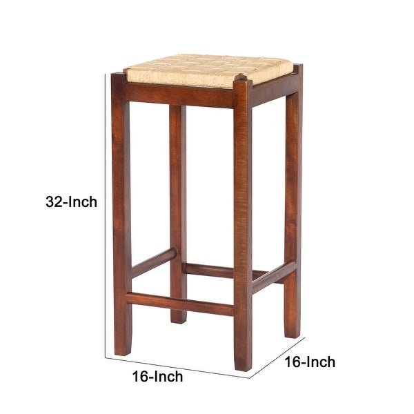 32 Inch Mango Wood Barstool with Rope Weaved Seat， Brown