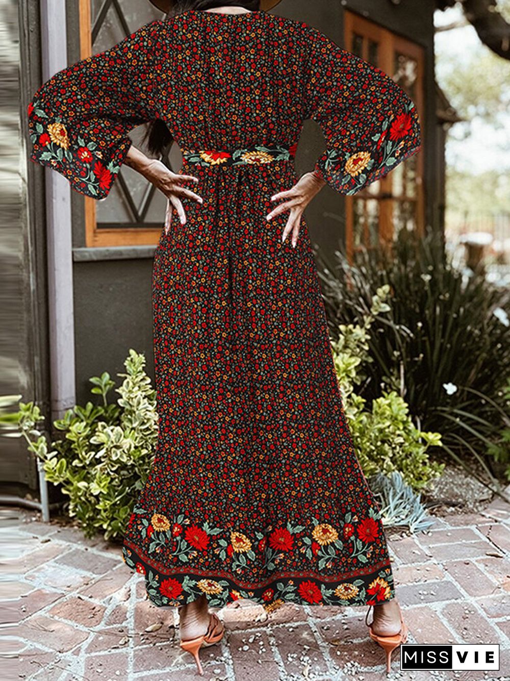 Bohemian Floral Print Belt Ruffle Sleeve Maxi Dress