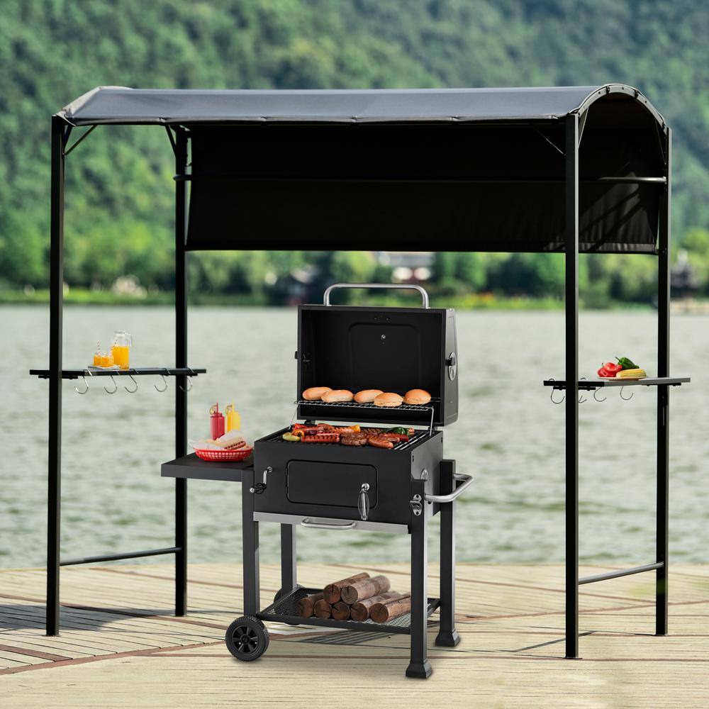 Cesicia 7 ft. x 4.5 ft. Iron Outdoor Patio Double-Tiered Backyard Patio BBQ Grill Gazebo with Side Awning Gray W-GXY-75