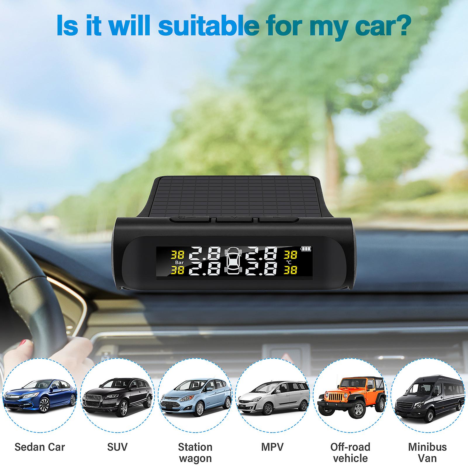 Black Car Tpms Tire Pressure Monitoring System Car Wireless Alarm System Tpms， 4 External Sensors， Tire Pressure and Temperature Real-time Display