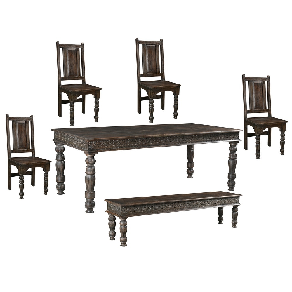 Providence 84 inch Carved Teak Dining Table   Black