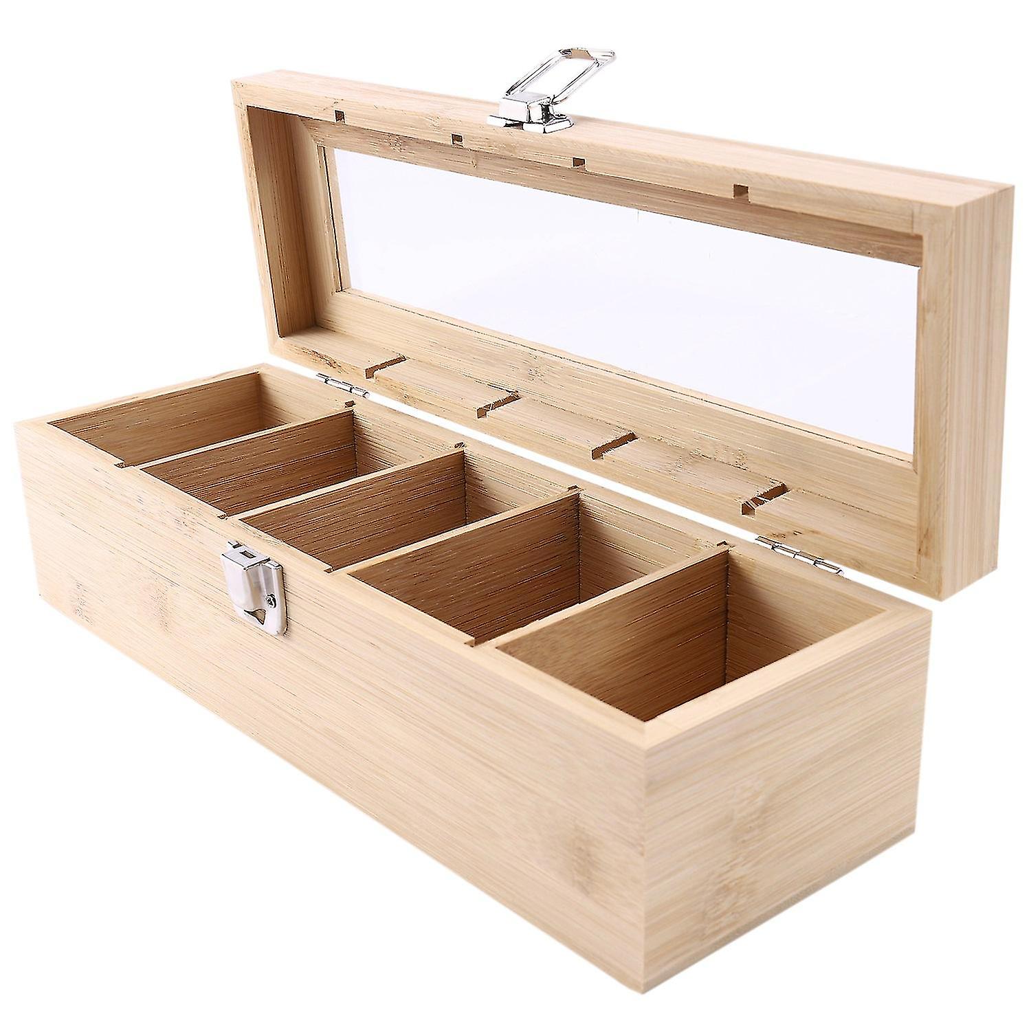 Bamboo System Tea Bag Jewelry Organizer Storage Box 5 Compartments Tea Box Organizer Wood Sugar Pac