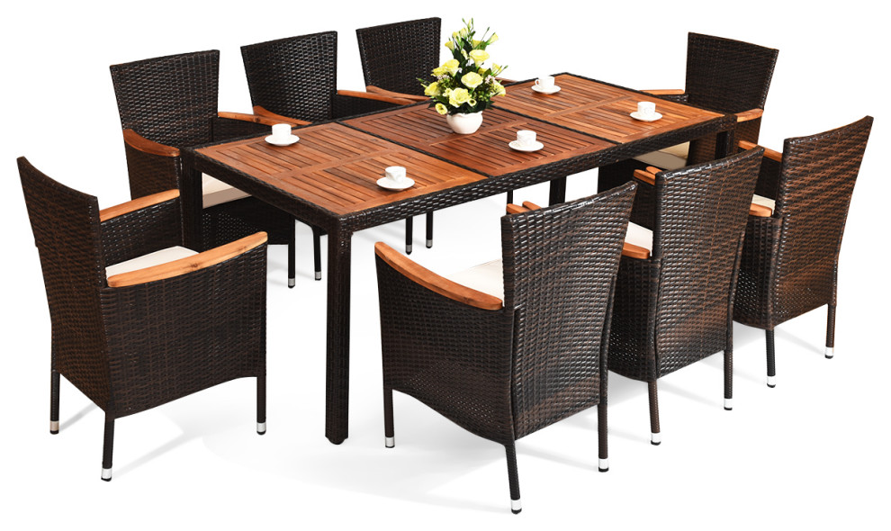 9PCS Patio Rattan Dining Set  8 Chairs Cushioned Acacia Table Top   Tropical   Outdoor Dining Sets   by Costway INC.  Houzz