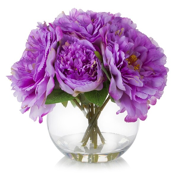 Enova Home Artificial Silk Peony Fake Flowers Arrangement in Round Glass Vase with Faux Water