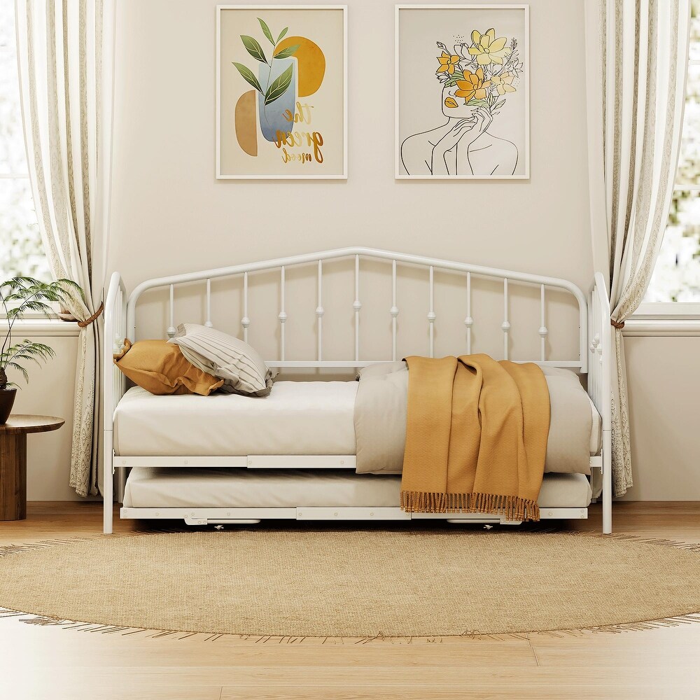 White Twin Size Stylish Metal Daybed with Twin Size Adjustable Trundle